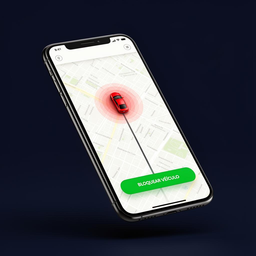 Aplicativo Liratracker mostrando rastreamento em tempo real e bloqueio do veículo